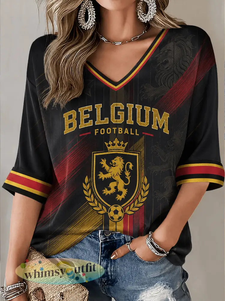 Dames België voetbal halflange mouwen V-hals T-shirt - Zwart / S
