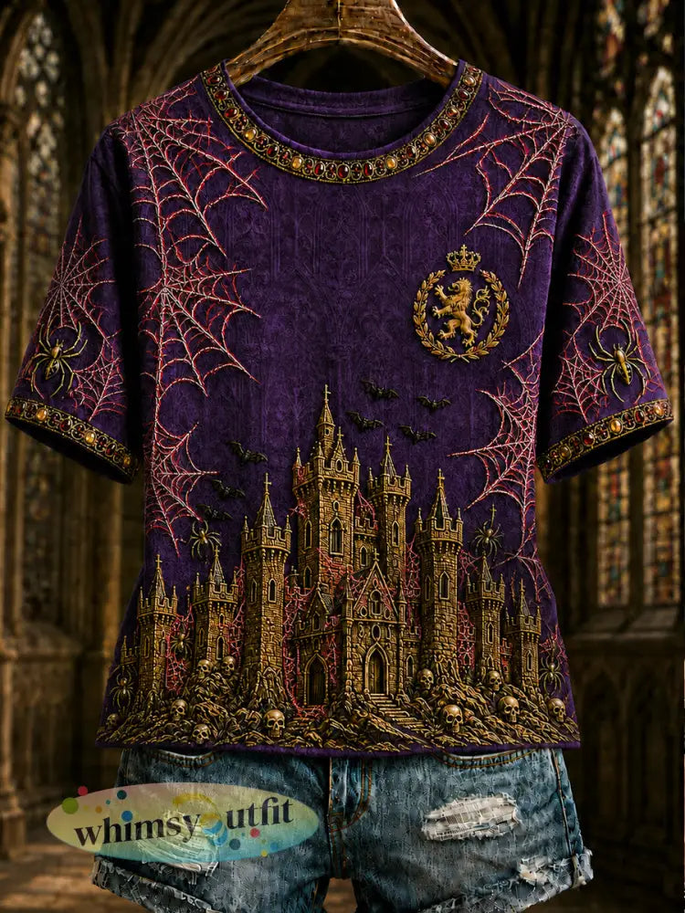 Dames Belgisch Halloween-gothic t-shirt met print vintagestijl modieus wijd korte mouwen - Diep paars / S