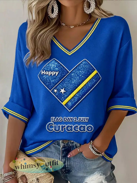 Dames blauw Curaçao nationale vlag print casual V-hals T-shirt - Blauw / S