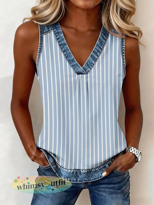 Dames blauw gestreepte print denim patchwork V-hals top - als foto / S