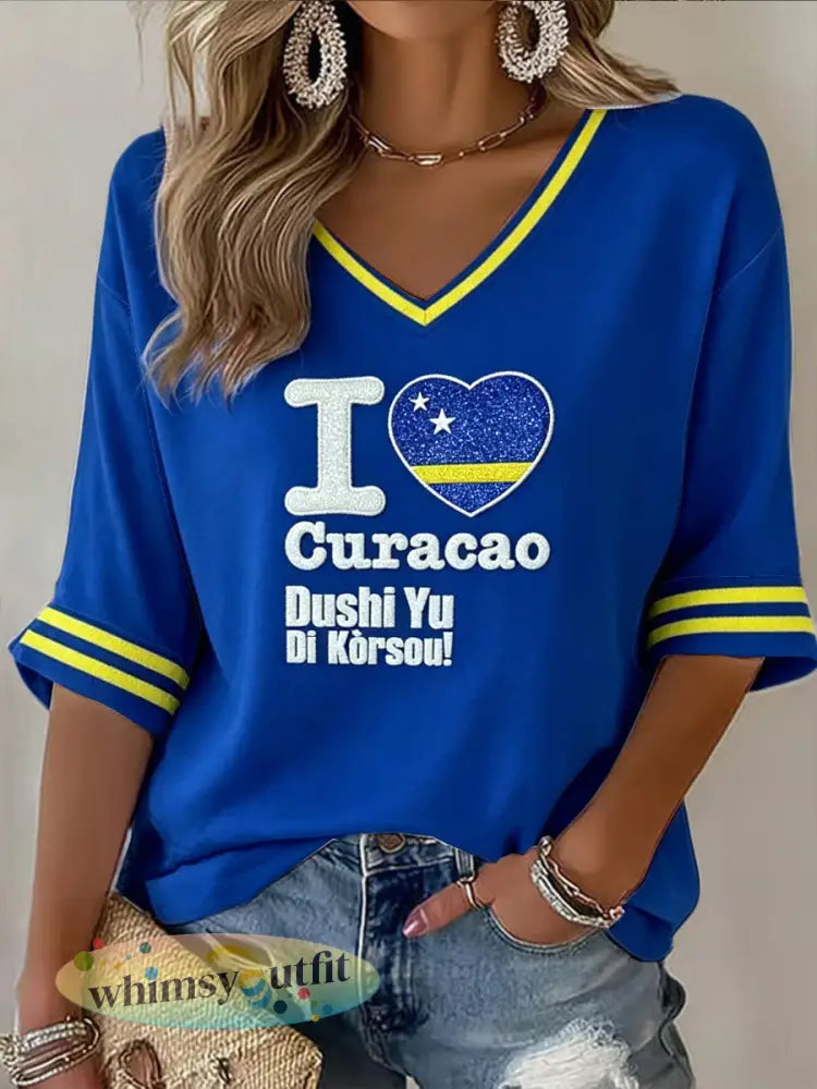 Dames Blauw Nederlands Voetbal Curaçaos Print Casual V-hals T-shirt - Blauw / S