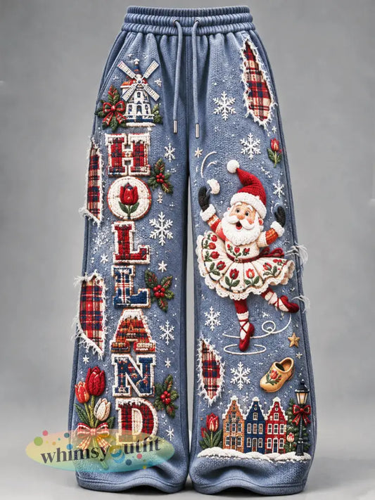 Dames blauwe Nederlandse kerstprint casual broek - Blauw / S
