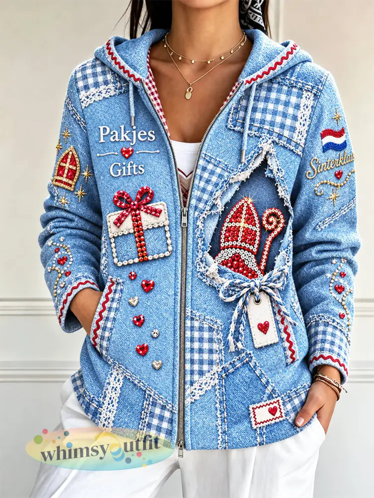 Dames blauwe Nederlandse sinterklaasdag patchwork print casual capuchon - Blauw / S