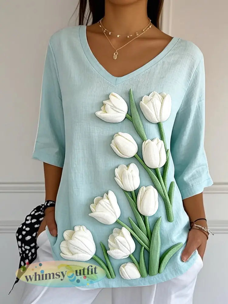 Dames Blauwe Tulp 3D Print Moederdag cadeau V-hals T-shirt - Blauw / S