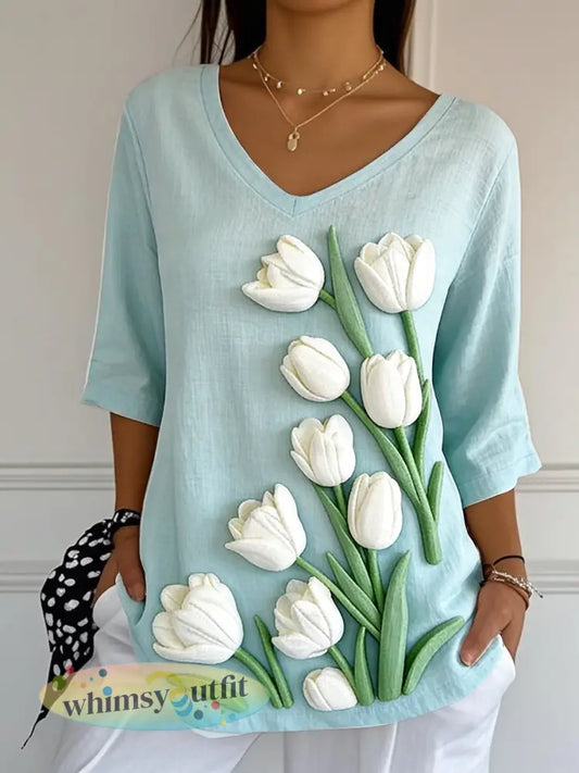 Dames Blauwe Tulp 3D Print Moederdag cadeau V-hals T-shirt - Blauw / S