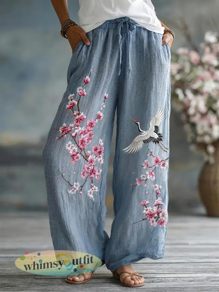 Dames bloemen borduurwerk patroon linnen blend broek - als foto / S