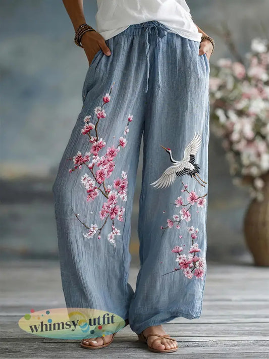 Dames bloemen borduurwerk patroon linnen blend broek - als foto / S
