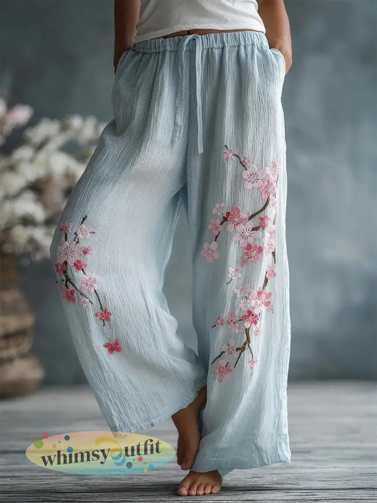 Dames bloemen borduurwerk patroon linnen blend broek - als foto / S