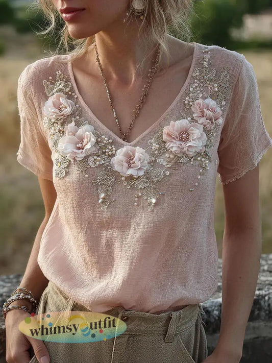 Dames bloemen borduurwerk patroon linnen blend shirt - Roze / S