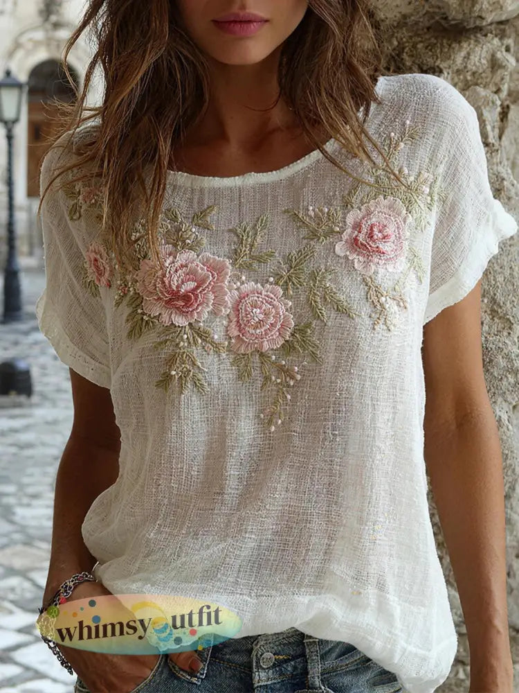 Dames bloemen borduurwerk patroon linnen blend shirt - Wit / S