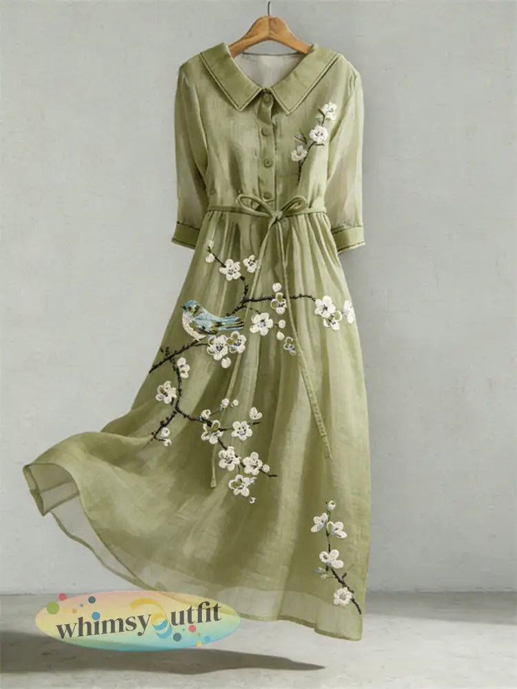 Dames bloemen en vogel borduurwerk patroon linnen blend jurk - Groen / S