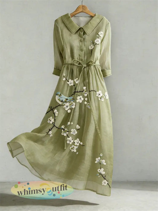 Dames bloemen en vogel borduurwerk patroon linnen blend jurk - Groen / S