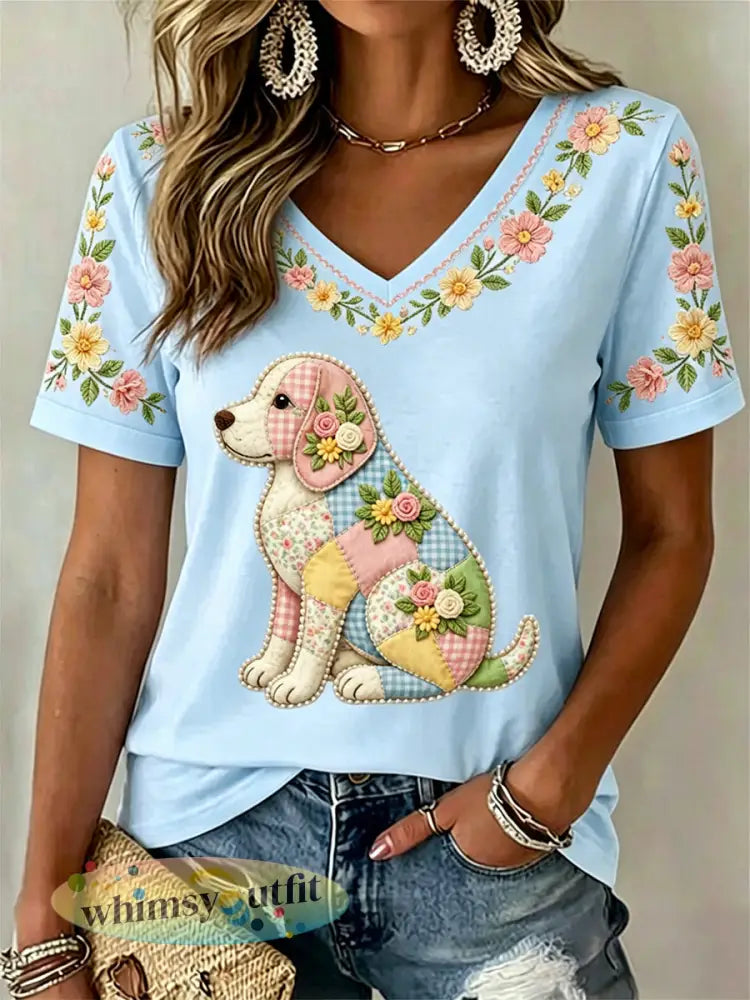 Dames bloemen hond print casual V-hals T-shirt - Lichtblauw / S