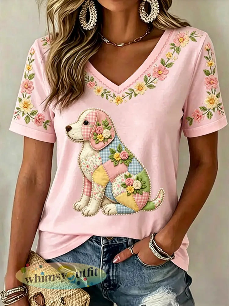 Dames bloemen hond print casual V-hals T-shirt - Roze / S