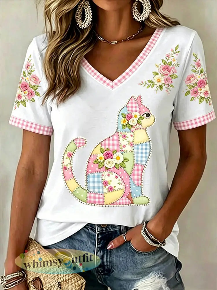 Dames bloemen kat print casual V-hals T-shirt - Wit / S