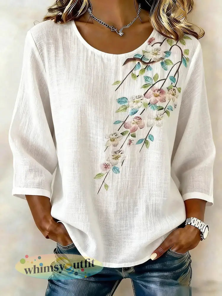 Dames bloemen katoen-linnen casual T-shirt - Wit / S
