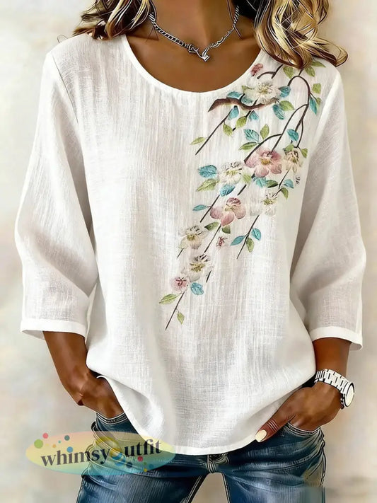Dames bloemen katoen-linnen casual T-shirt - Wit / S