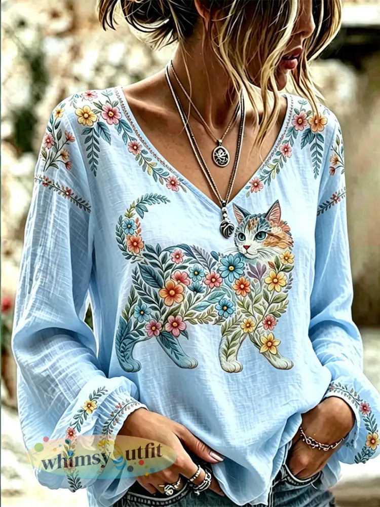 Dames bloemen katten print casual lange mouw V-hals top - Lichtblauw / S