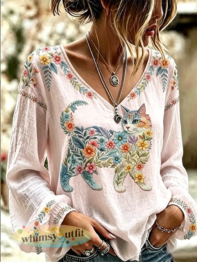 Dames bloemen katten print casual lange mouw V-hals top - Roze / S