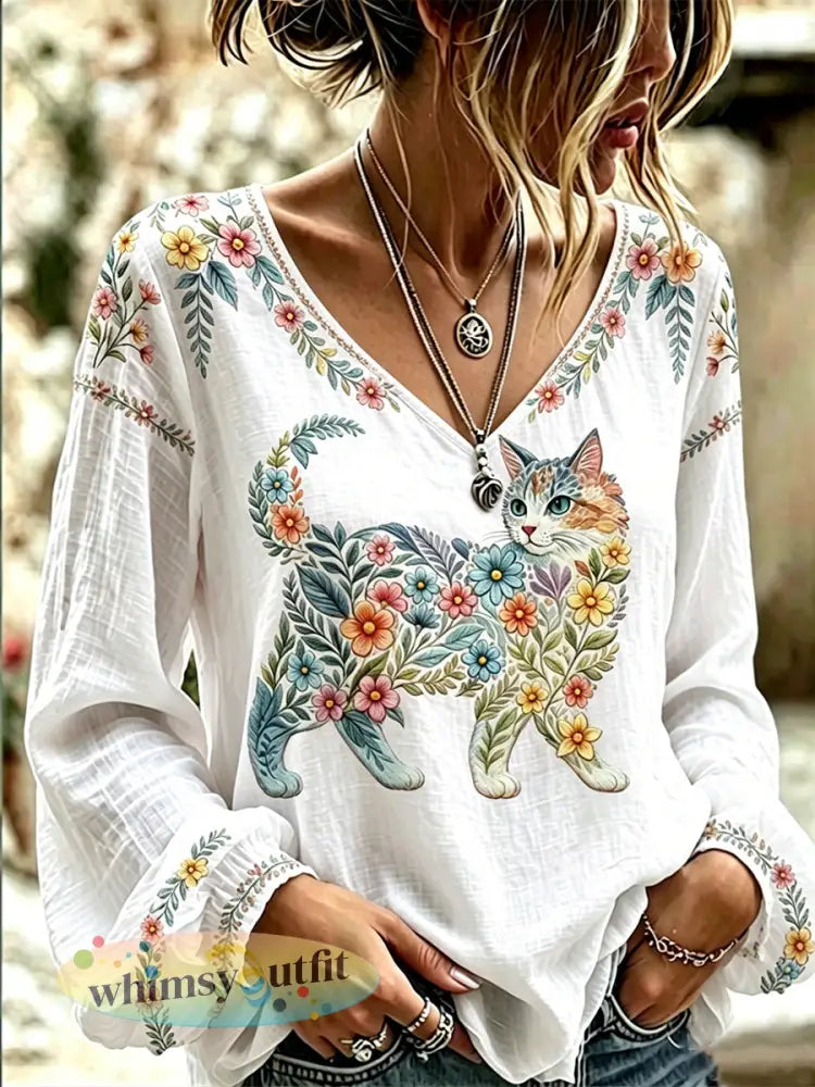 Dames bloemen katten print casual lange mouw V-hals top - Wit / S