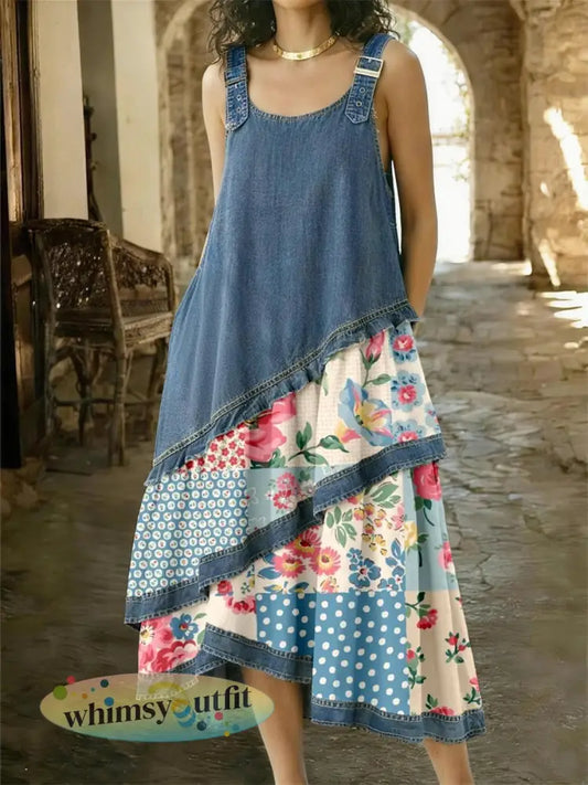 Dames bloemen patroon denim patchwork jurk - als foto / S