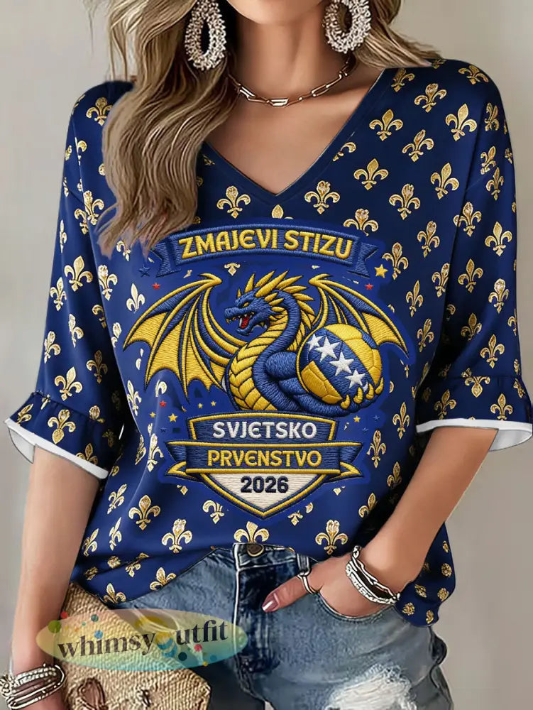 Dames Bosnië voetbal liefhebber ZMAJEVI geprint T-shirt - Blauw / S