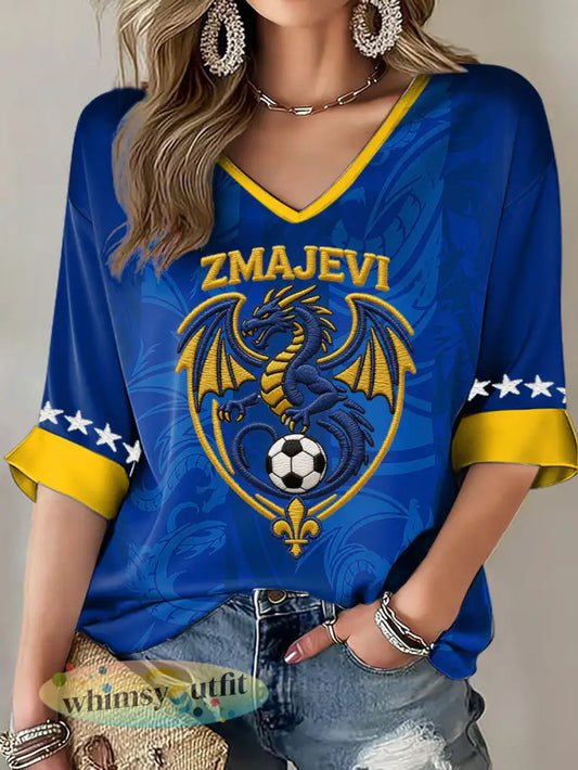 Dames Bosnië ZMAJEVI Voetbal Lover Gedrukt T-shirt - Blauw / S