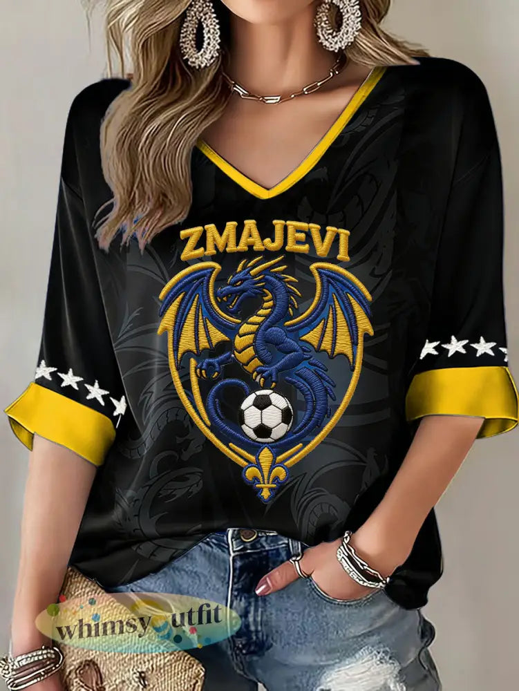 Dames Bosnië ZMAJEVI Voetbal Lover Gedrukt T-shirt - Zwart / S