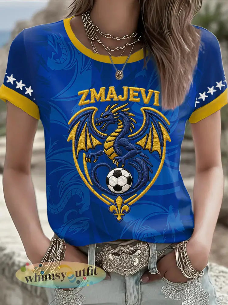 Dames Bosnië ZMAJEVI Voetballiefhebbers Gedrukt T-shirt - Blauw / S