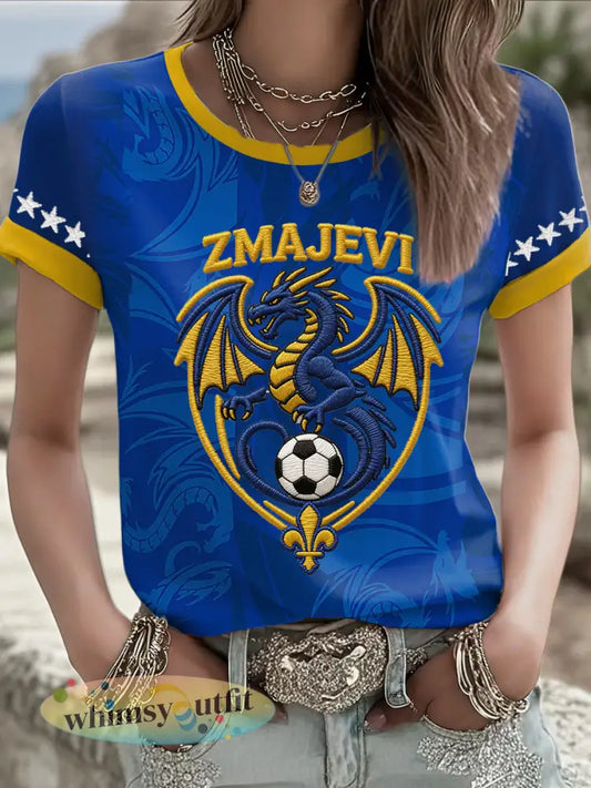 Dames Bosnië ZMAJEVI Voetballiefhebbers Gedrukt T-shirt - Blauw / S