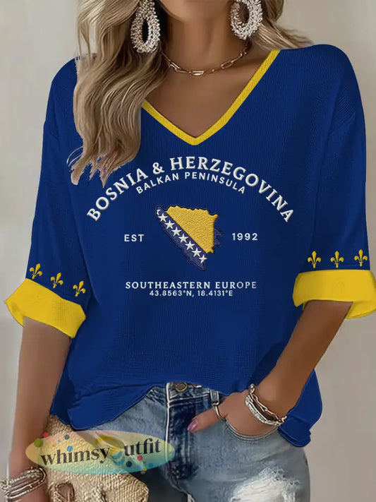 Dames Bosnië ZMAJEVI Voetballiefhebbers Gedrukte wafel T-shirt - Blauw / S
