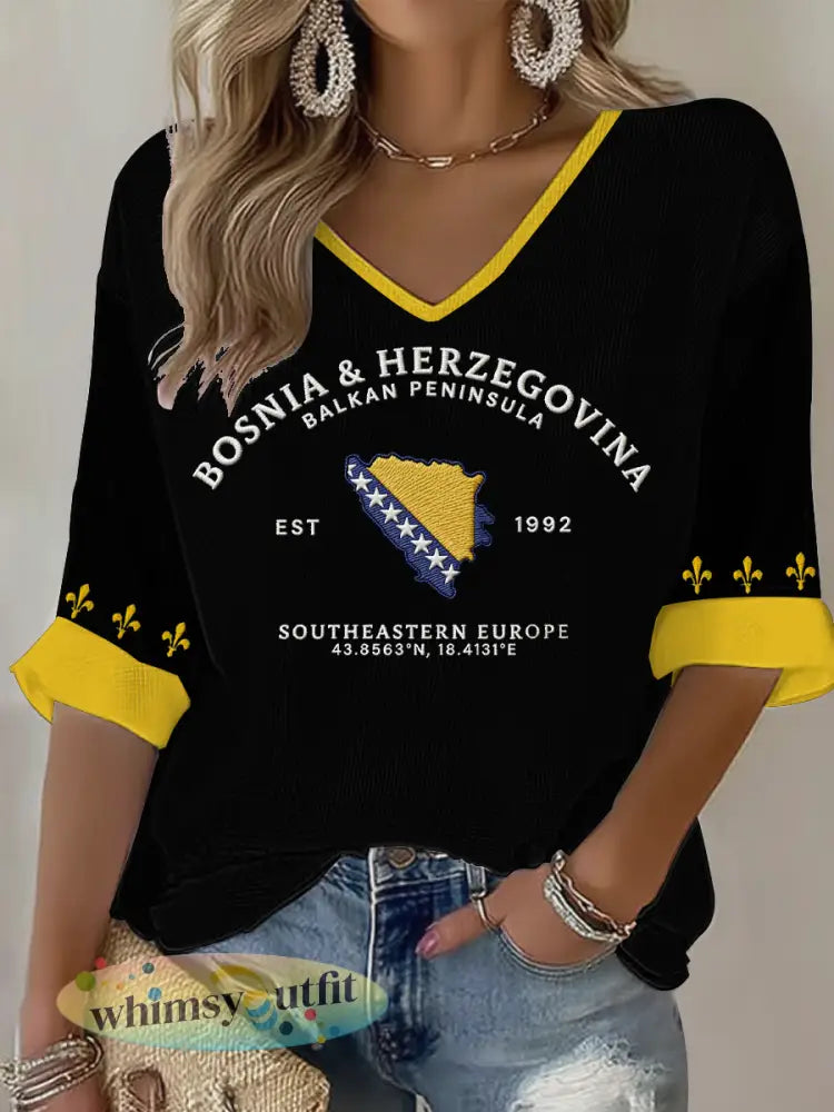 Dames Bosnië ZMAJEVI Voetballiefhebbers Gedrukte wafel T-shirt - Zwart / S