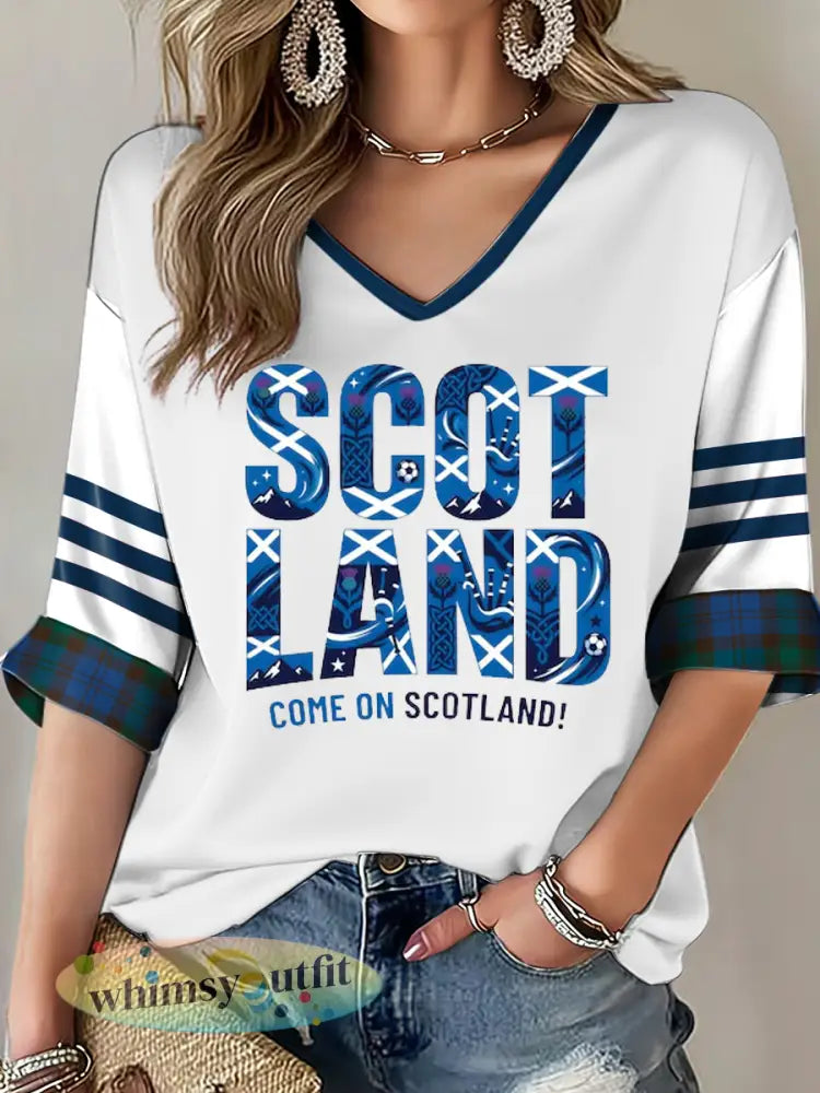 Dames Britse voetballiefhebbers Schotland bedrukt halflange mouwen V-hals T-shirt - als foto / S