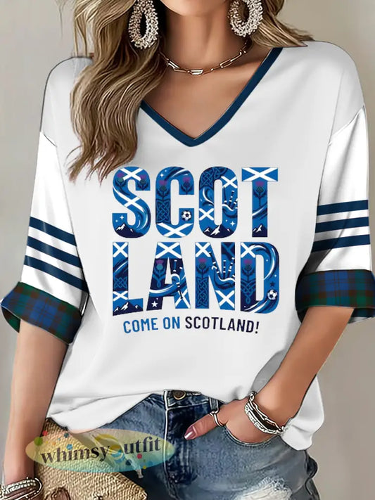 Dames Britse voetballiefhebbers Schotland bedrukt halflange mouwen V-hals T-shirt - als foto / S
