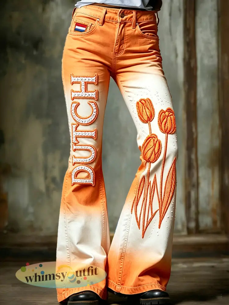Dames broek met gradiënt en 3D-geprinte Hollandse tulpen casual mode uitlopend - Oranje wit / S