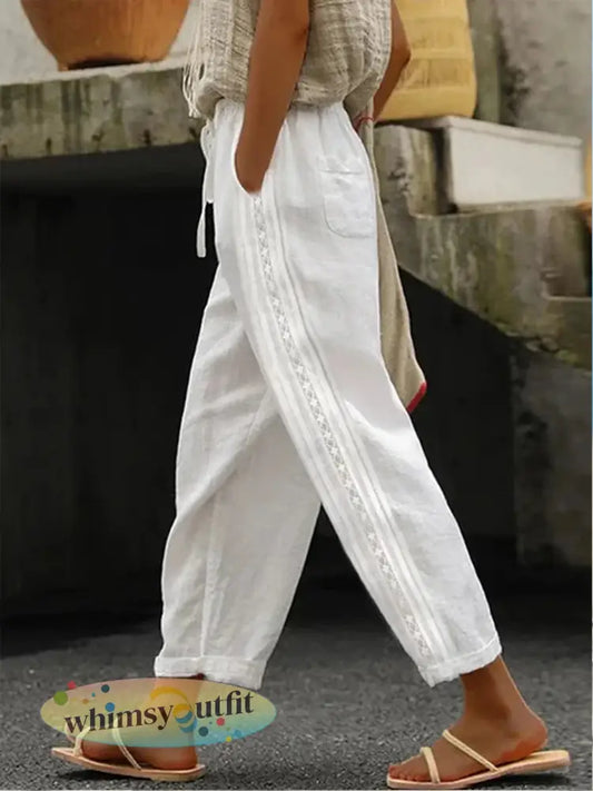 Dames casual dagelijkse straight broek met knoopsluiting - Wit / S