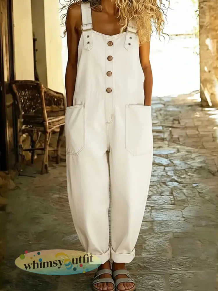 Dames casual denim jumpsuit - Wit / S