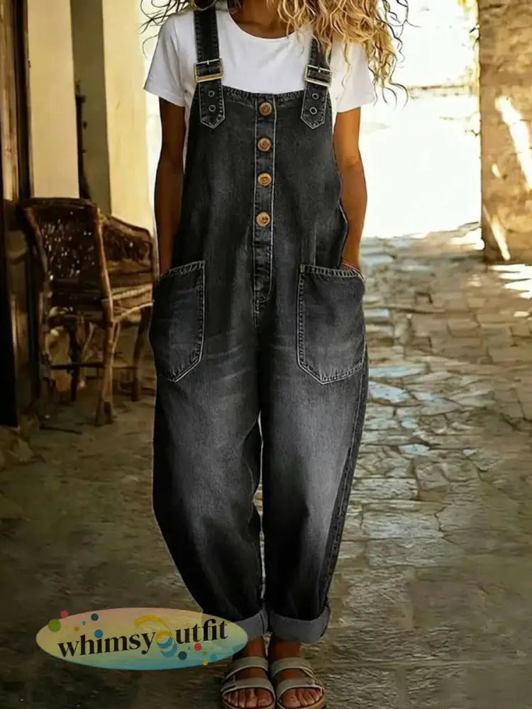 Dames casual denim jumpsuit - Zwart / S