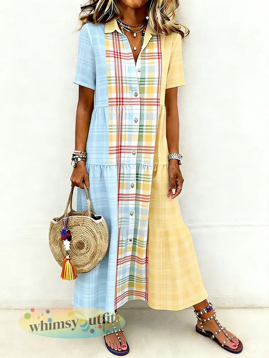 Dames casual elegante colorblock geruite jurk met korte mouwen en lange shirts - Geel-Blauw / S