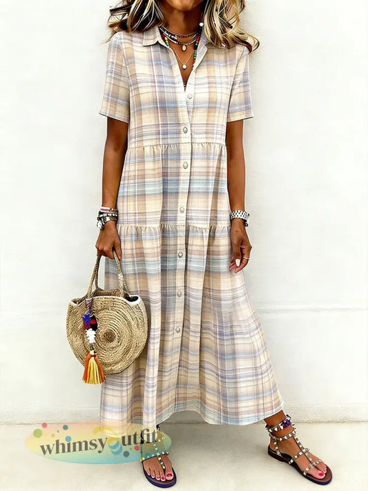 Dames casual elegante geruite print shirtjurk met korte mouwen en lange lengte - kaki / S