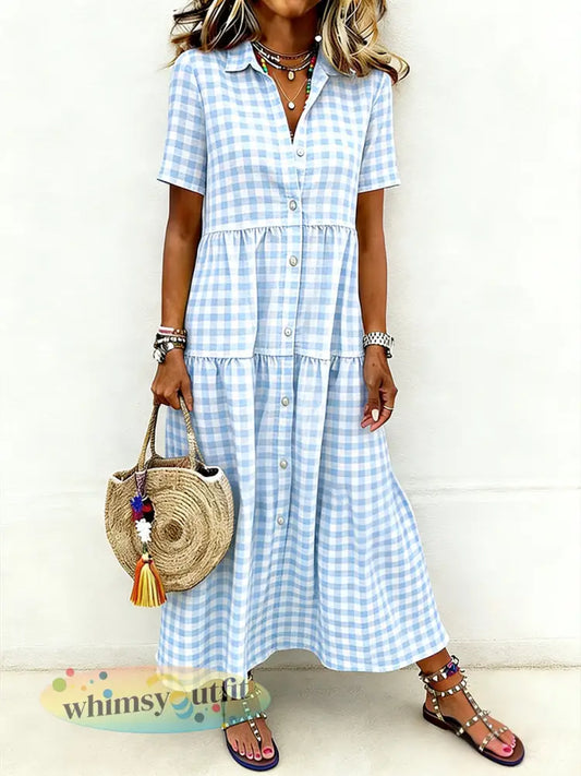 Dames casual elegante geruite print shirtjurk met korte mouwen en lange lengte - Lichtblauw / S