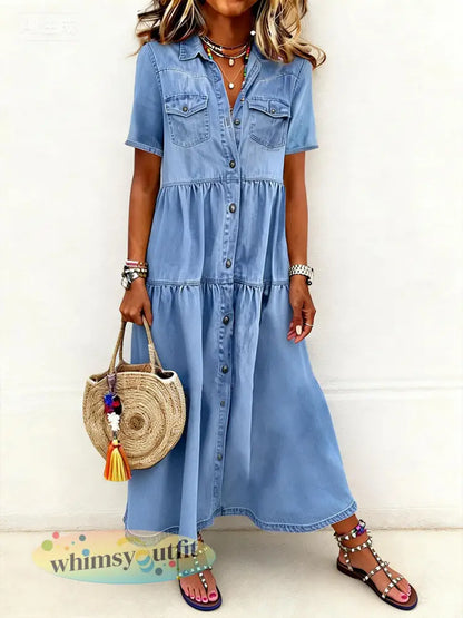 Dames casual elegante lange denim overhemdjurk - Lichtblauw / S