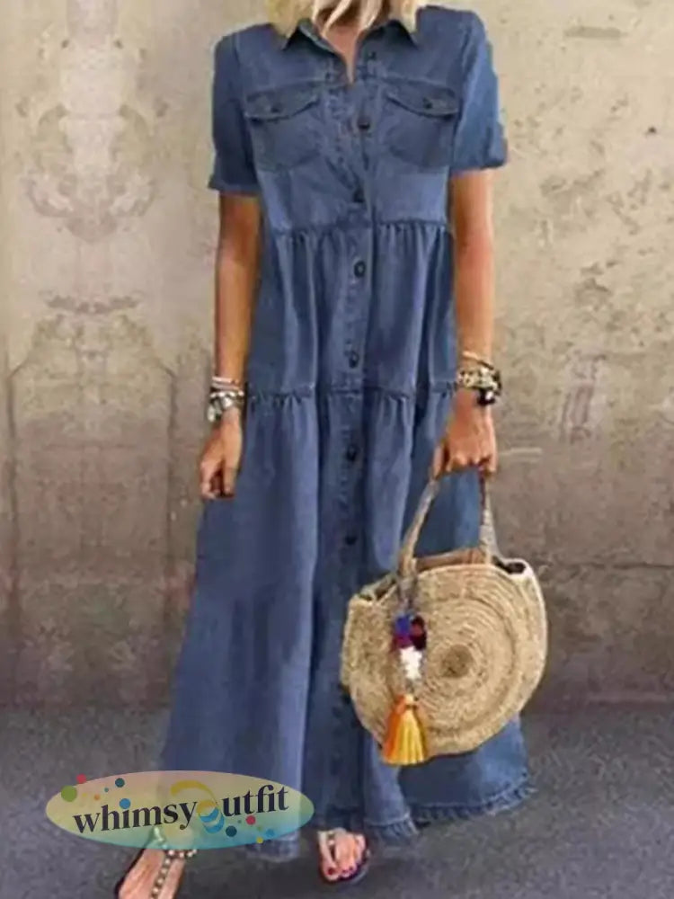 Dames casual elegante lange denim overhemdjurk - Marineblauw / S