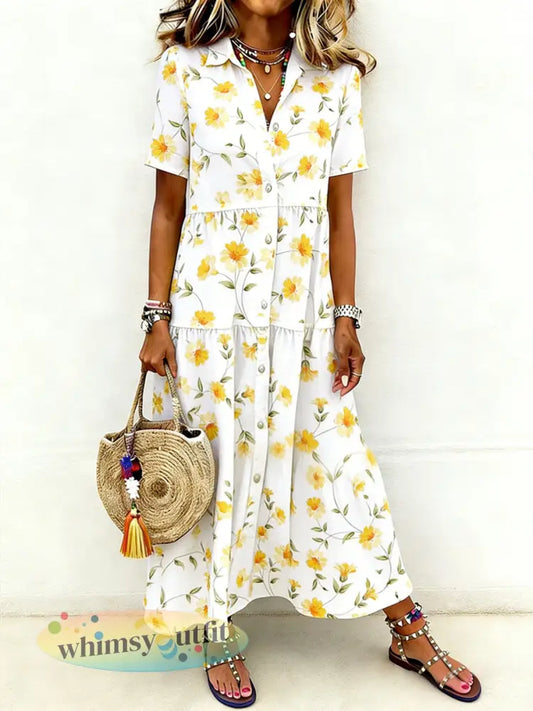 Dames casual elegante lange shirtjurk met bloemenprint en korte mouwen - Geel / S