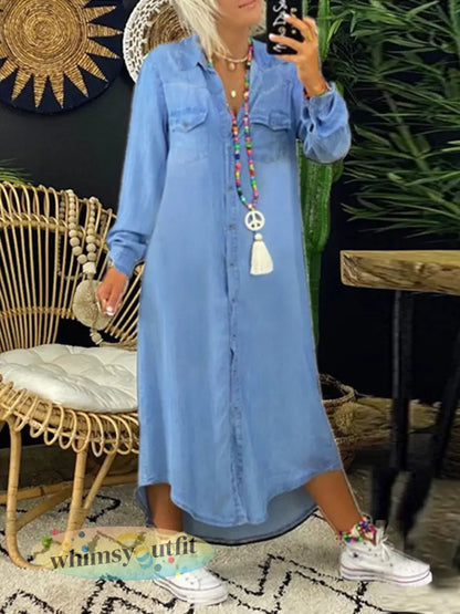 Dames casual elegante lange spijkerstof shirtjurk