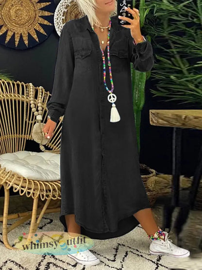 Dames casual elegante lange spijkerstof shirtjurk - Zwart / S