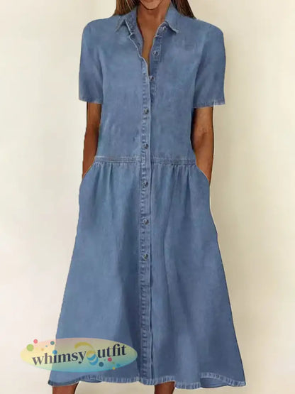 Dames casual elegante spijkerjurk met korte mouwen - Blauw / S