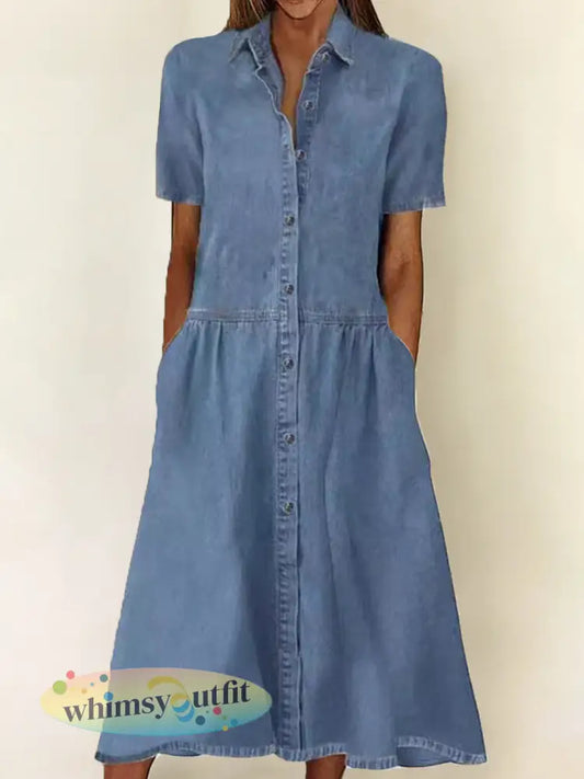 Dames casual elegante spijkerjurk met korte mouwen - Blauw / S
