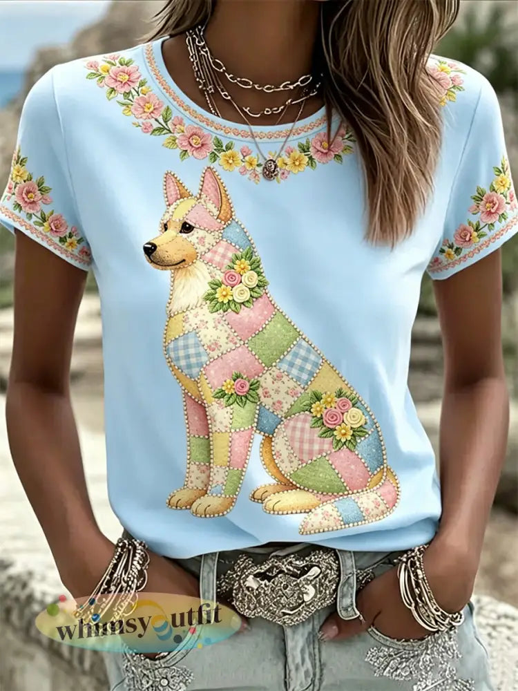 Dames casual T-shirt met bloemen- en hondendessin - Lichtblauw / S