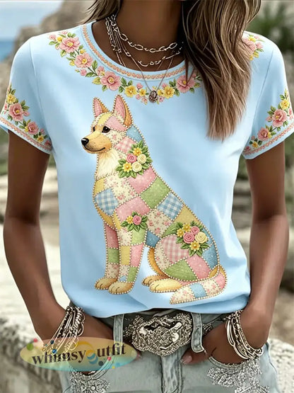 Dames casual T-shirt met bloemen- en hondendessin - Lichtblauw / S